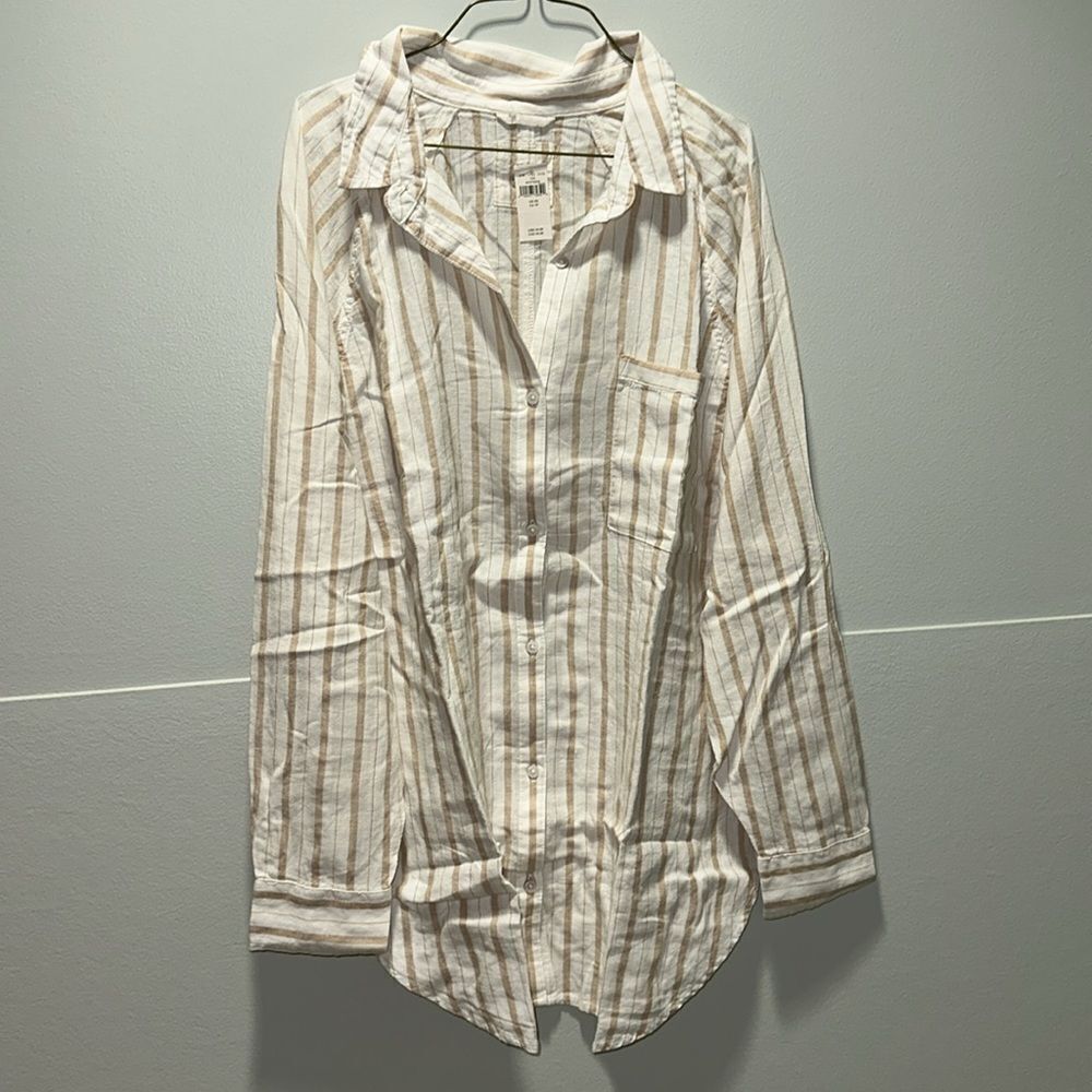 aerie XS Ivory Tan Vertical Stripe Pool-to-Party Linen Blend Cover up Shirt